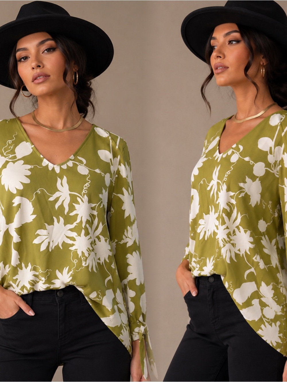 V-Neck Floral Tie-Slee Blouse - Olive & White